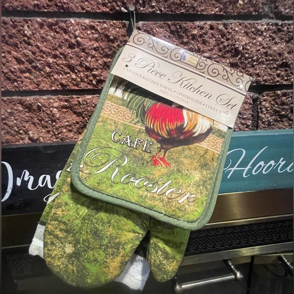 3~Pcs Kitchen Towel Sets Rooster 1~Oven Mitt & 1~Towel & 1~Potholder 100%Cotton - Picture 2 of 5